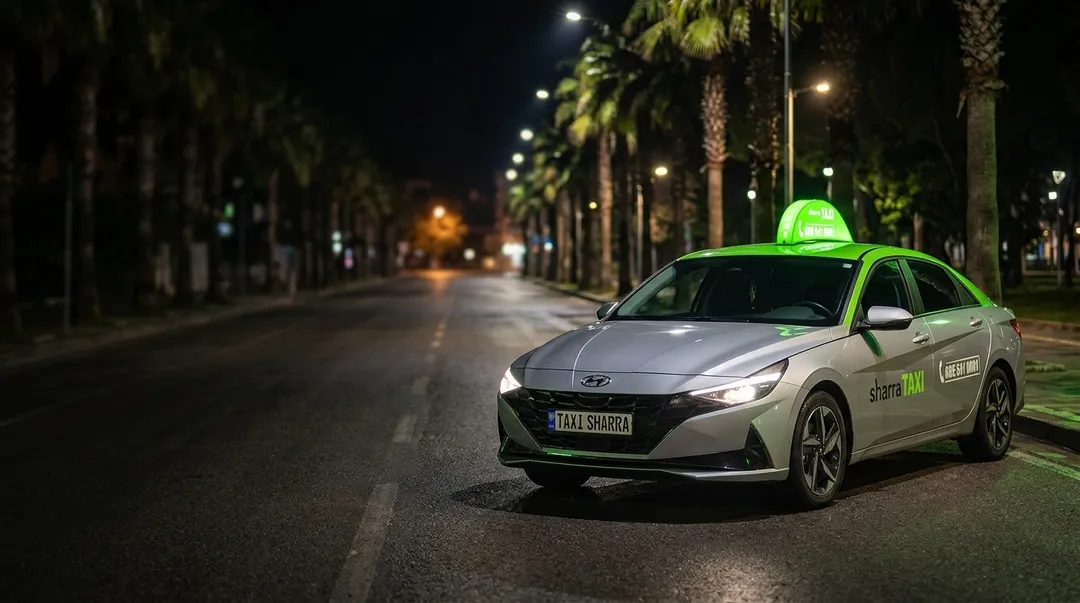 Taxi Sharra — Hyundai Avante 2022 with lime green roof at night on Fier's boulevard